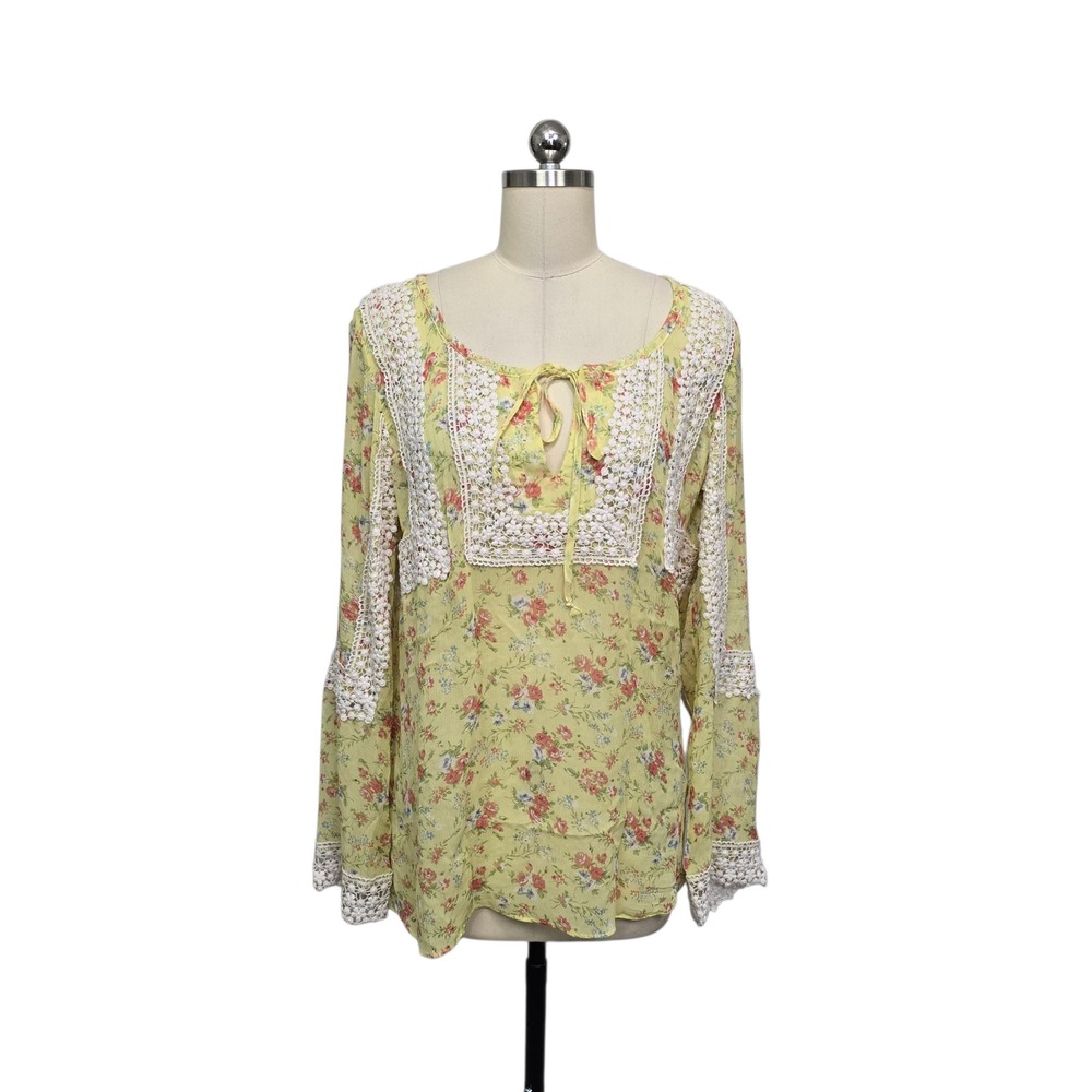 Sundance Yellow Floral 100% Silk Crochet Lace Trim Boho Blouse Top Large